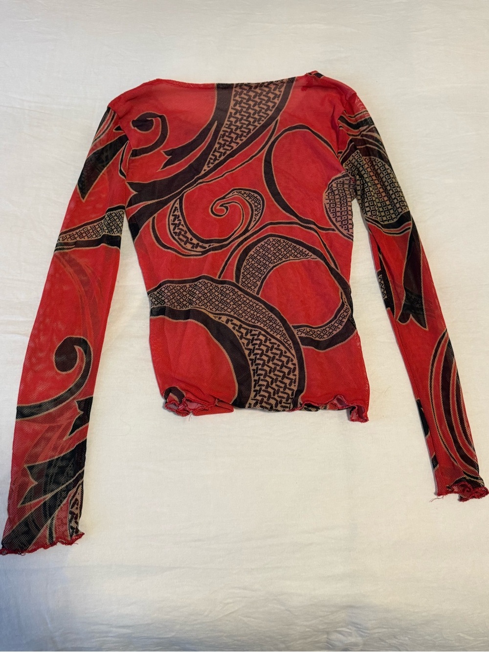 Red Long Sleeve Sheer Top with Black & Tan Swirl Pattern